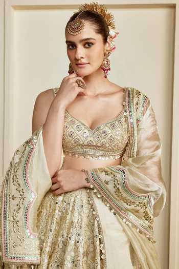 Gopi Vaid_Gold Viscose, Tissue Sweetheart Neck Haniya Foil Kali Lehenga Set _Online_at_Aza_Fashions