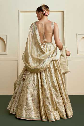 Shop_Gopi Vaid_Gold Viscose, Tissue Sweetheart Neck Haniya Foil Kali Lehenga Set _at_Aza_Fashions