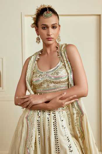 Gopi Vaid_Ivory Scoop Neck Suhana Foil Embroidered Lehenga Set _Online_at_Aza_Fashions