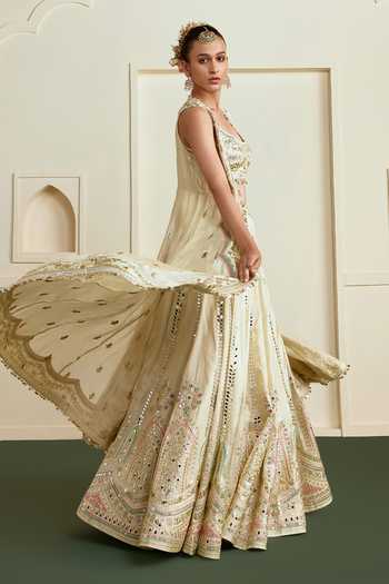 Shop_Gopi Vaid_Ivory Scoop Neck Suhana Foil Embroidered Lehenga Set _at_Aza_Fashions