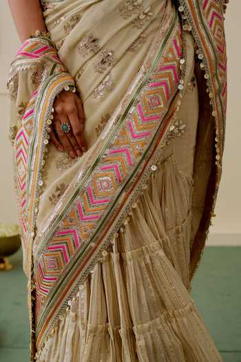 Shop_Gopi Vaid_Beige Georgette Sweetheart Neck Zehn Saree With Embroidered Corset Blouse _at_Aza_Fashions