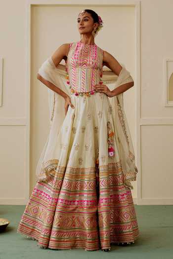 Buy_Gopi Vaid_Beige Tussar, Net High Neck Malika Mirror Work Lehenga Embroidered Blouse Set _at_Aza_Fashions