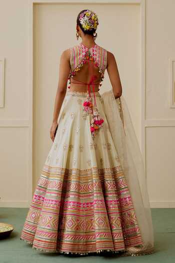 Shop_Gopi Vaid_Beige Tussar, Net High Neck Malika Mirror Work Lehenga Embroidered Blouse Set _at_Aza_Fashions