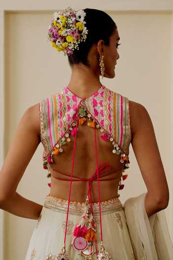 Gopi Vaid_Beige Tussar, Net High Neck Malika Mirror Work Lehenga Embroidered Blouse Set _Online_at_Aza_Fashions