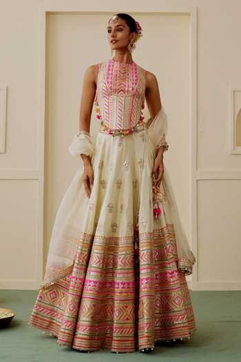 Buy_Gopi Vaid_Beige Tussar, Net High Neck Malika Mirror Work Lehenga Embroidered Blouse Set _Online_at_Aza_Fashions