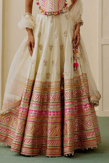 Shop_Gopi Vaid_Beige Tussar, Net High Neck Malika Mirror Work Lehenga Embroidered Blouse Set _Online_at_Aza_Fashions