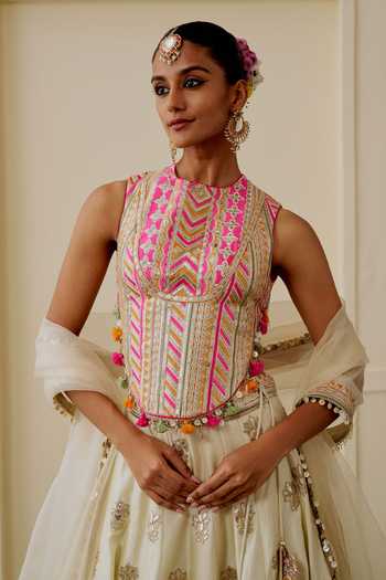 Gopi Vaid_Beige Tussar, Net High Neck Malika Mirror Work Lehenga Embroidered Blouse Set _at_Aza_Fashions