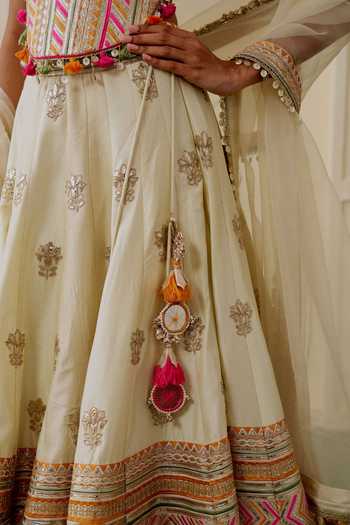 Buy_Gopi Vaid_Beige Tussar, Net High Neck Malika Mirror Work Lehenga Embroidered Blouse Set 