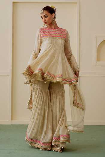 Gopi Vaid_Beige Organza, Net, Viscose Round Neck Malak Short Peplum Kurta Sharara Set _Online_at_Aza_Fashions
