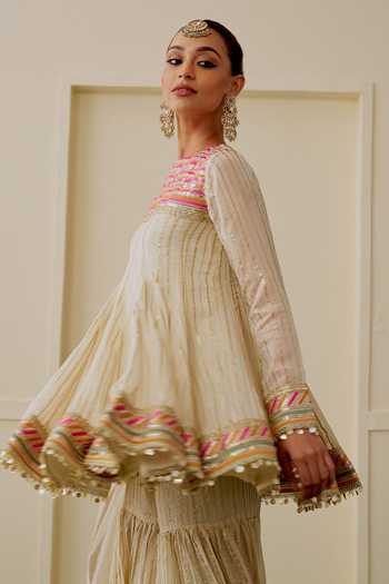 Shop_Gopi Vaid_Beige Organza, Net, Viscose Round Neck Malak Short Peplum Kurta Sharara Set _Online_at_Aza_Fashions