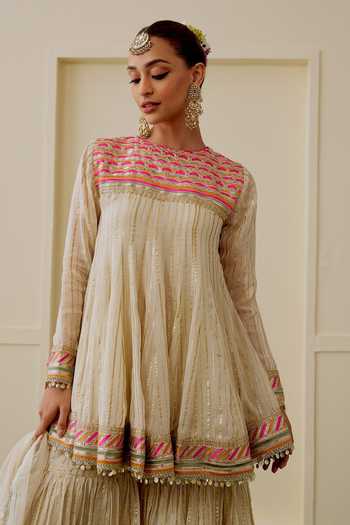 Buy_Gopi Vaid_Beige Organza, Net, Viscose Round Neck Malak Short Peplum Kurta Sharara Set 