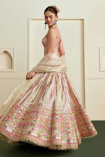 Gopi Vaid_Beige Georgette, Net Sweetheart Ameesha Embroidered Blouse Flared Lehenga Set _Online_at_Aza_Fashions