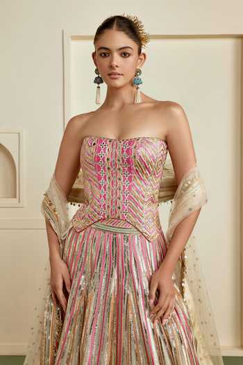 Shop_Gopi Vaid_Beige Georgette, Net Sweetheart Ameesha Embroidered Blouse Flared Lehenga Set _at_Aza_Fashions