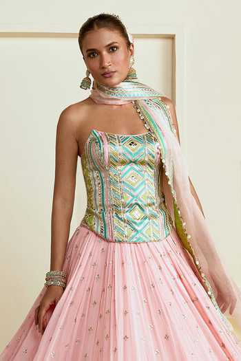 Gopi Vaid_Pink Georgette, Net Embroidery Bandeau Neck Nabeeha Corset Lehenga Set _Online_at_Aza_Fashions