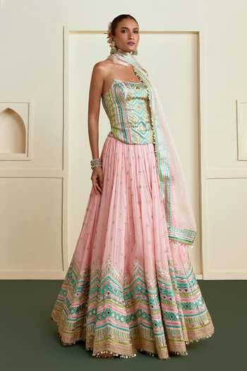 Buy_Gopi Vaid_Pink Georgette, Net Embroidery Bandeau Neck Nabeeha Corset Lehenga Set _Online_at_Aza_Fashions