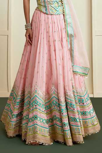 Shop_Gopi Vaid_Pink Georgette, Net Embroidery Bandeau Neck Nabeeha Corset Lehenga Set _Online_at_Aza_Fashions