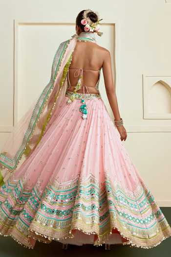 Shop_Gopi Vaid_Pink Georgette, Net Embroidery Bandeau Neck Nabeeha Corset Lehenga Set _at_Aza_Fashions