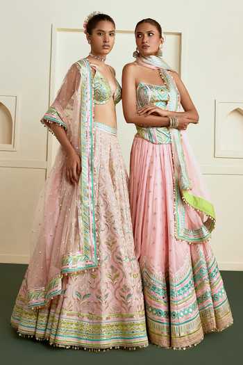 Gopi Vaid_Pink Georgette, Net Embroidery Bandeau Neck Nabeeha Corset Lehenga Set _at_Aza_Fashions