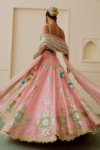 Shop_Gopi Vaid_Pink Organza Mirrors Sweetheart Neck Asmira Floral Embroidered Lehenga Set _at_Aza_Fashions