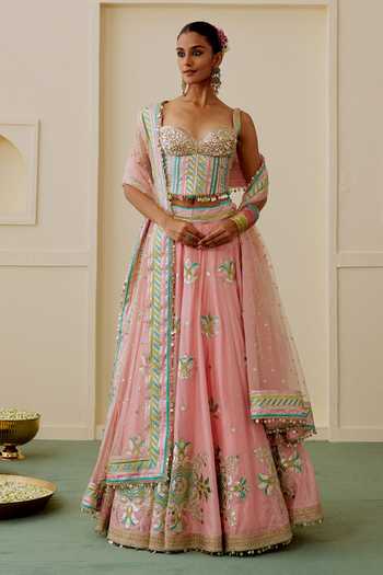 Gopi Vaid_Pink Organza Mirrors Sweetheart Neck Asmira Floral Embroidered Lehenga Set _Online_at_Aza_Fashions