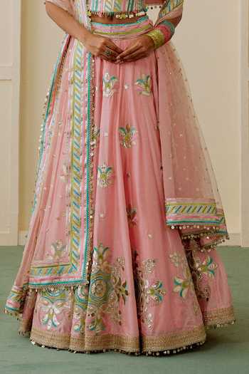 Buy_Gopi Vaid_Pink Organza Mirrors Sweetheart Neck Asmira Floral Embroidered Lehenga Set _Online_at_Aza_Fashions