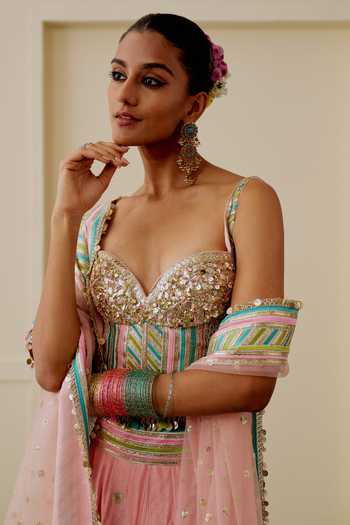 Shop_Gopi Vaid_Pink Organza Mirrors Sweetheart Neck Asmira Floral Embroidered Lehenga Set _Online_at_Aza_Fashions
