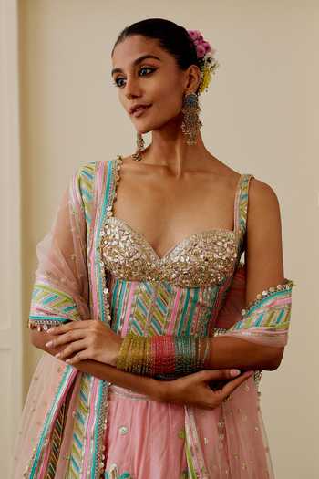 Gopi Vaid_Pink Organza Mirrors Sweetheart Neck Asmira Floral Embroidered Lehenga Set _at_Aza_Fashions