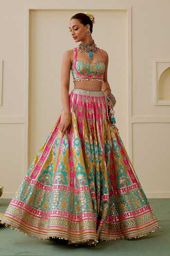 Gopi Vaid_Multi Color Tussar Sweetheart Neck Zamaana Embroidered Blouse And Lehenga Set _Online_at_Aza_Fashions