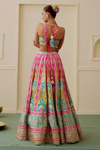 Shop_Gopi Vaid_Multi Color Tussar Sweetheart Neck Zamaana Embroidered Blouse And Lehenga Set _at_Aza_Fashions
