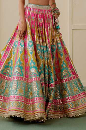 Buy_Gopi Vaid_Multi Color Tussar Sweetheart Neck Zamaana Embroidered Blouse And Lehenga Set _Online_at_Aza_Fashions