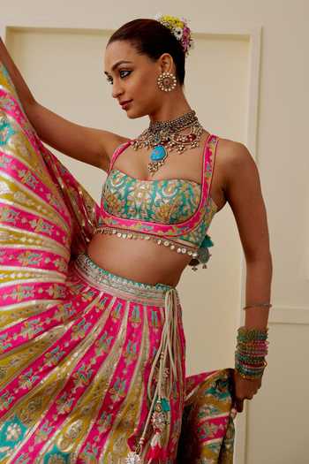 Shop_Gopi Vaid_Multi Color Tussar Sweetheart Neck Zamaana Embroidered Blouse And Lehenga Set _Online_at_Aza_Fashions