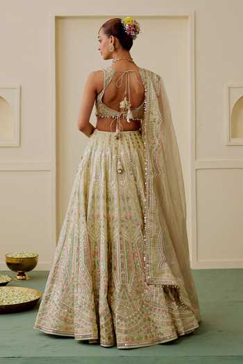 Shop_Gopi Vaid_Gold Viscose, Tissue Plunge Neck Suroor Foil Kali Embroidered Lehenga Set _at_Aza_Fashions