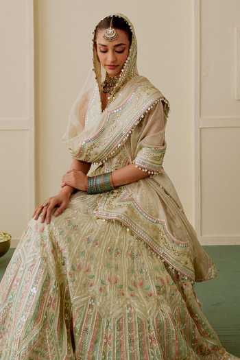 Gopi Vaid_Gold Viscose, Tissue Plunge Neck Suroor Foil Kali Embroidered Lehenga Set _Online_at_Aza_Fashions