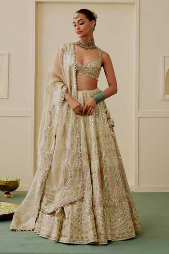 Buy_Gopi Vaid_Gold Viscose, Tissue Plunge Neck Suroor Foil Kali Embroidered Lehenga Set _Online_at_Aza_Fashions