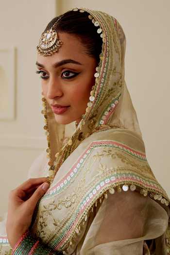 Shop_Gopi Vaid_Gold Viscose, Tissue Plunge Neck Suroor Foil Kali Embroidered Lehenga Set _Online_at_Aza_Fashions
