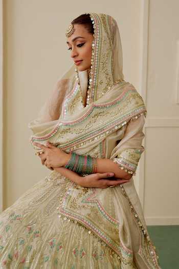 Gopi Vaid_Gold Viscose, Tissue Plunge Neck Suroor Foil Kali Embroidered Lehenga Set _at_Aza_Fashions