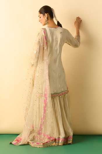 Shop_Gopi Vaid_Beige Georgette, Net Keyhole Neck Juie Embroidered Kurta Set _at_Aza_Fashions
