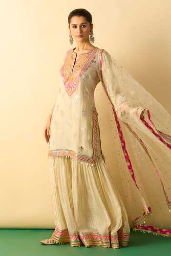 Gopi Vaid_Beige Georgette, Net Keyhole Neck Juie Embroidered Kurta Set _Online_at_Aza_Fashions