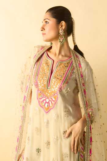 Shop_Gopi Vaid_Beige Georgette, Net Keyhole Neck Juie Embroidered Kurta Set _Online_at_Aza_Fashions