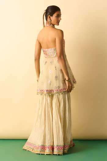 Shop_Gopi Vaid_Beige Georgette, Organza, Viscose, Net Halter Myza Peplum Tunic Sharara Set _at_Aza_Fashions