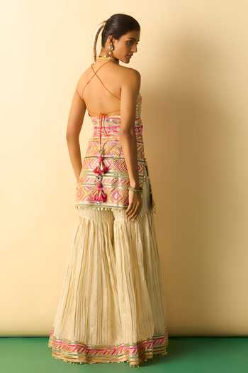 Shop_Gopi Vaid_Beige Organza, Viscose, Net Halter Neck Kriva Embroidered Tunic Sharara Set _at_Aza_Fashions