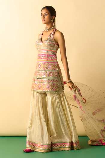 Gopi Vaid_Beige Organza, Viscose, Net Halter Neck Kriva Embroidered Tunic Sharara Set _Online_at_Aza_Fashions