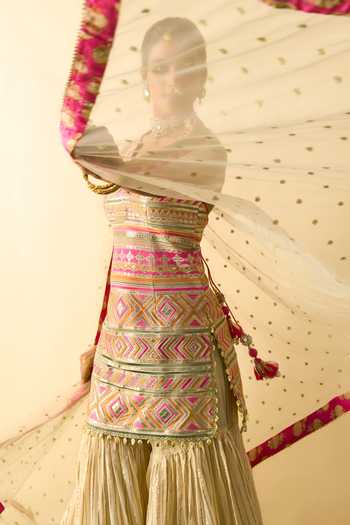 Shop_Gopi Vaid_Beige Organza, Viscose, Net Halter Neck Kriva Embroidered Tunic Sharara Set _Online_at_Aza_Fashions
