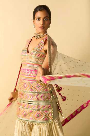 Gopi Vaid_Beige Organza, Viscose, Net Halter Neck Kriva Embroidered Tunic Sharara Set _at_Aza_Fashions