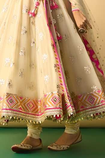 Gopi Vaid_Ivory Georgette, Lycra, Net V-neck Zoyaara Angarkha Anarkali Set _Online_at_Aza_Fashions