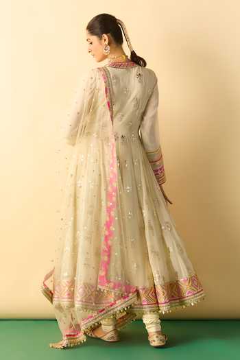 Shop_Gopi Vaid_Ivory Georgette, Lycra, Net V-neck Zoyaara Angarkha Anarkali Set _at_Aza_Fashions