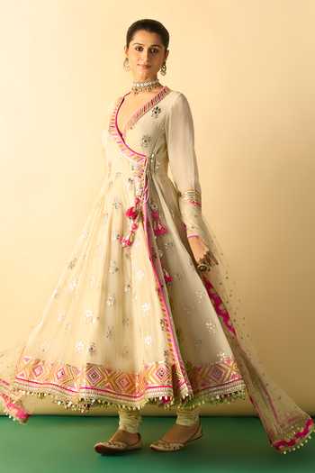 Shop_Gopi Vaid_Ivory Georgette, Lycra, Net V-neck Zoyaara Angarkha Anarkali Set _Online_at_Aza_Fashions