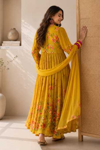 Shop_Jhambthreads_Yellow Silk, Chiffon Round Neck Printed Anarkali With Dupatta _at_Aza_Fashions