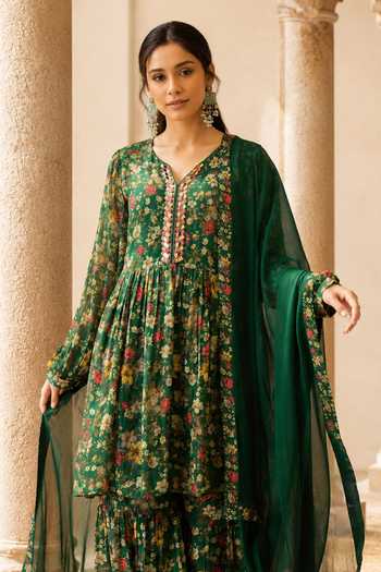 Jhambthreads_Green Silk, Chiffon V-neck, Yes Floral Print Kurta Sharara Set _Online_at_Aza_Fashions