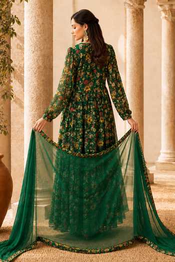 Shop_Jhambthreads_Green Silk, Chiffon V-neck, Yes Floral Print Kurta Sharara Set _at_Aza_Fashions